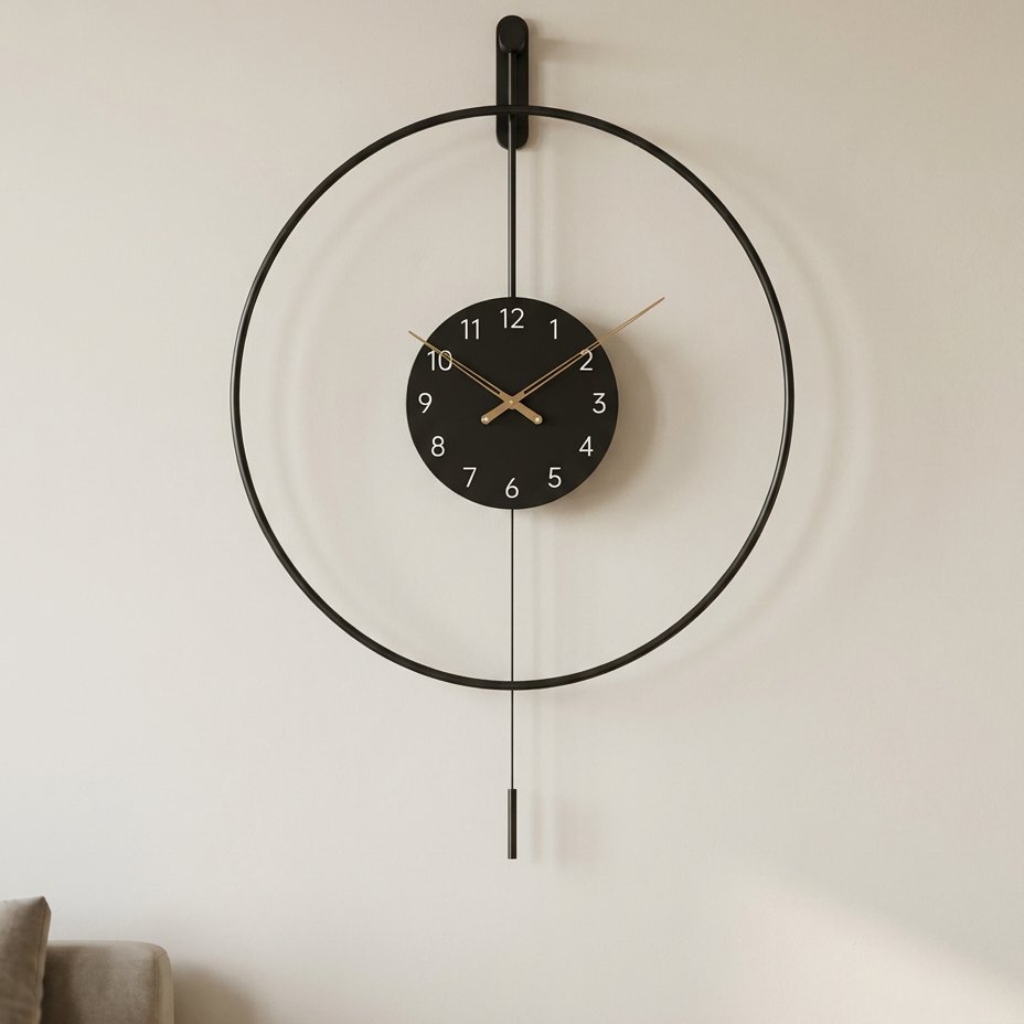 Black Metal Circle Pendulum Wall Clock – product image