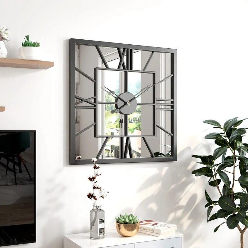 Black Metal Square Mirror Wall Clock – product image