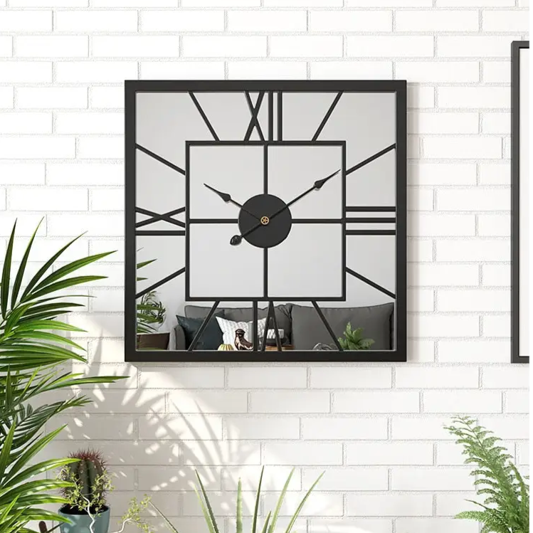 Black Metal Square Mirror Wall Clock – product view 3