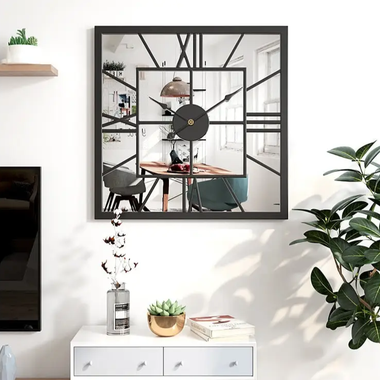 Black Metal Square Mirror Wall Clock – product view 5