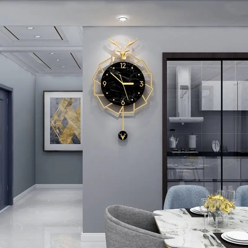 Golden Deer and Black Marble Wall Clock – view 3