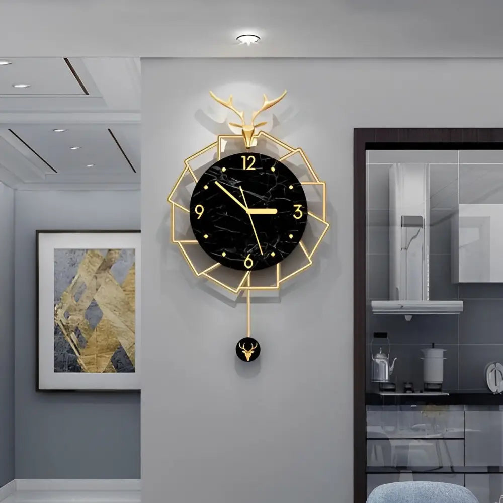 Golden Deer and Black Marble Wall Clock – view 5