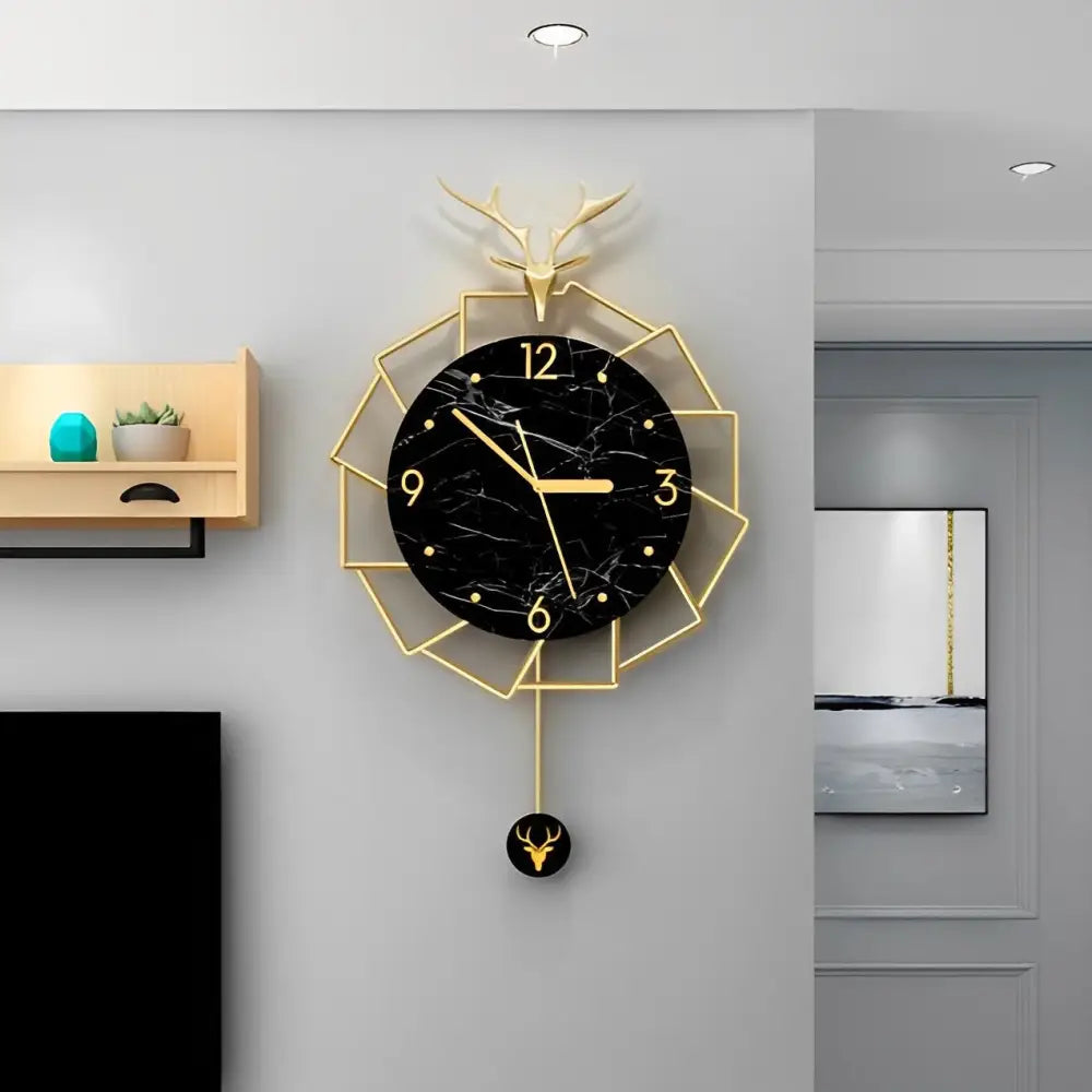 Golden Deer and Black Marble Wall Clock – view 7
