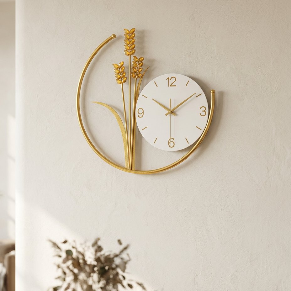 Golden Wheat Ear Metal Wall Clock – product image