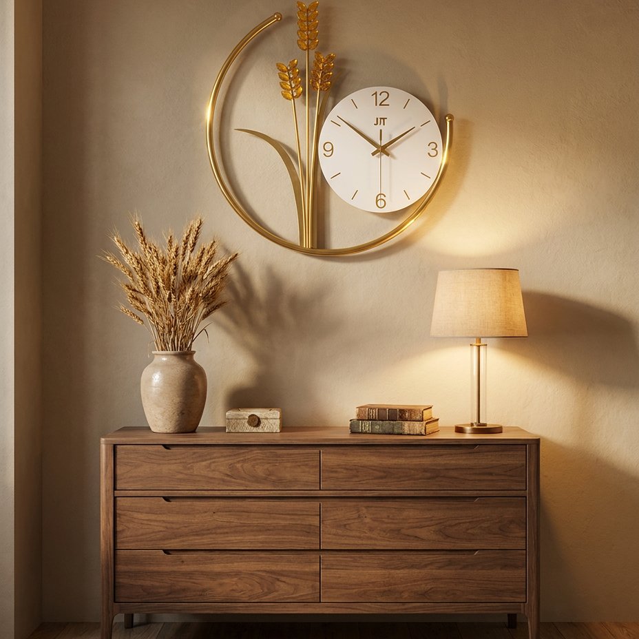 Golden Wheat Ear Metal Wall Clock – product view 4
