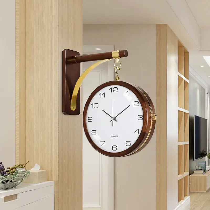 Double-Sided Living Room Wall Clock – White Gold