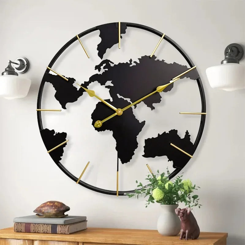 Gold World Map Wall Clock for UK interiors