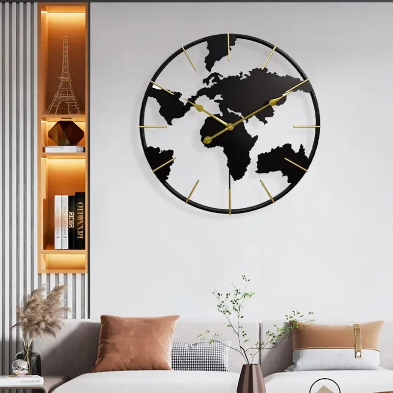 Gold World Map Wall Clock for UK interiors