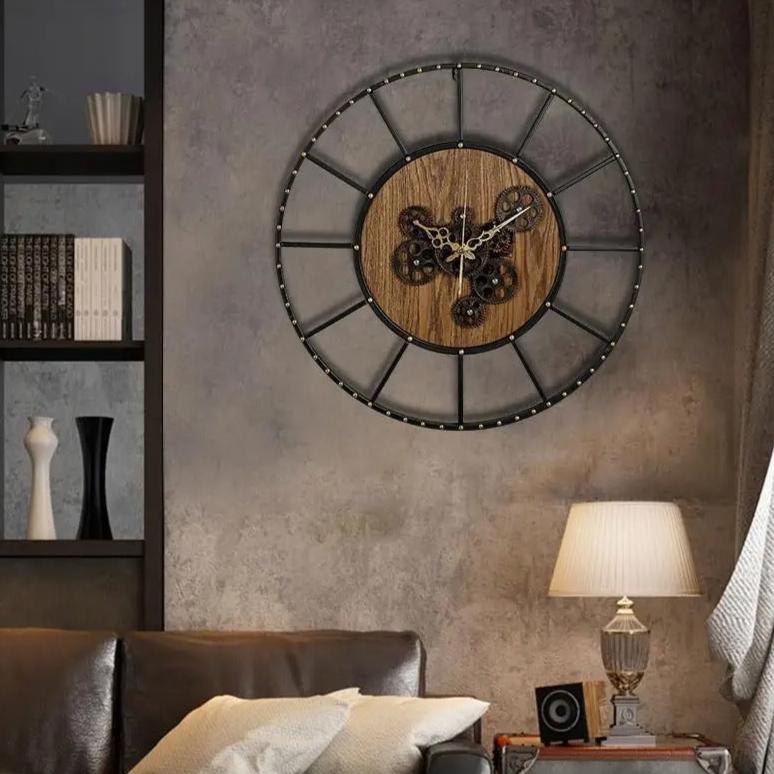 Natural Wood Cog Industrial Wall Clock for UK interiors