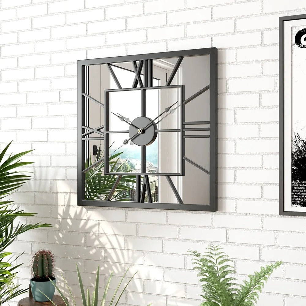 Black Metal Square Mirror Wall Clock for UK interiors