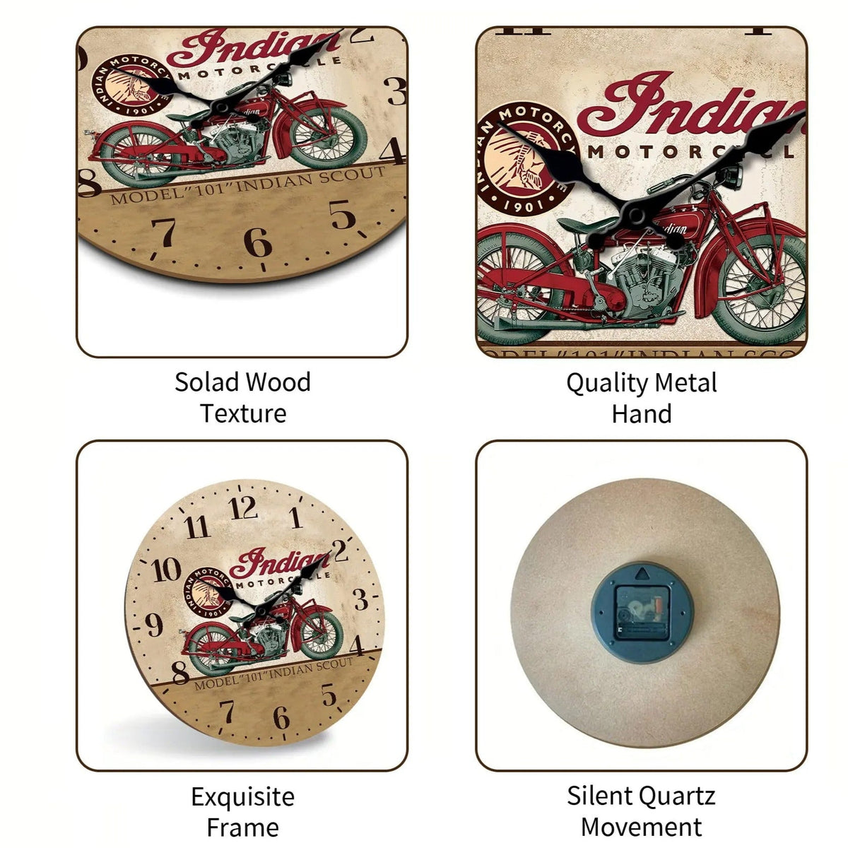 Vintage Indian Motorcycle Wooden Wall Clock for UK interiors