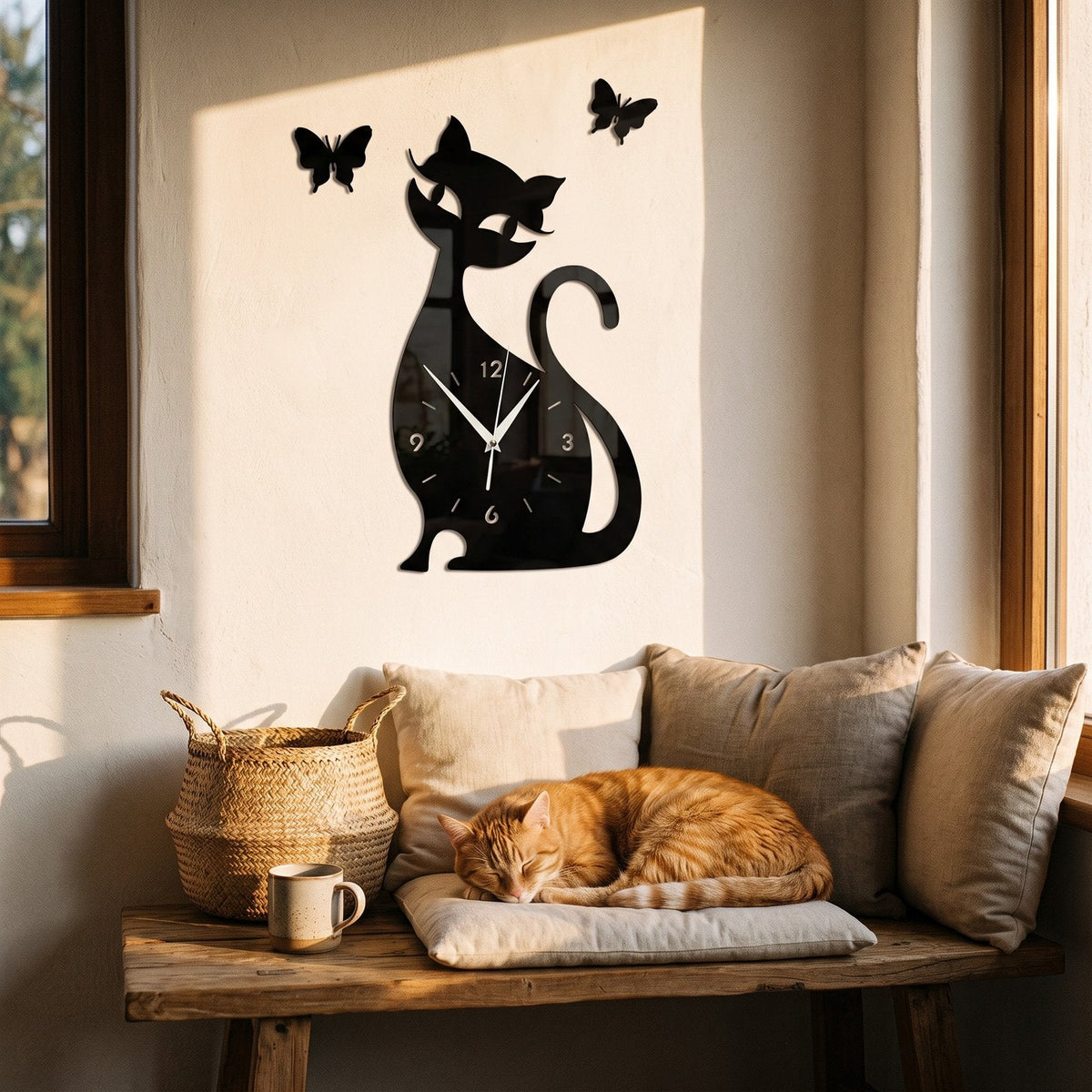 Playful Cat Silhouette Vinyl Wall Clock for UK interiors