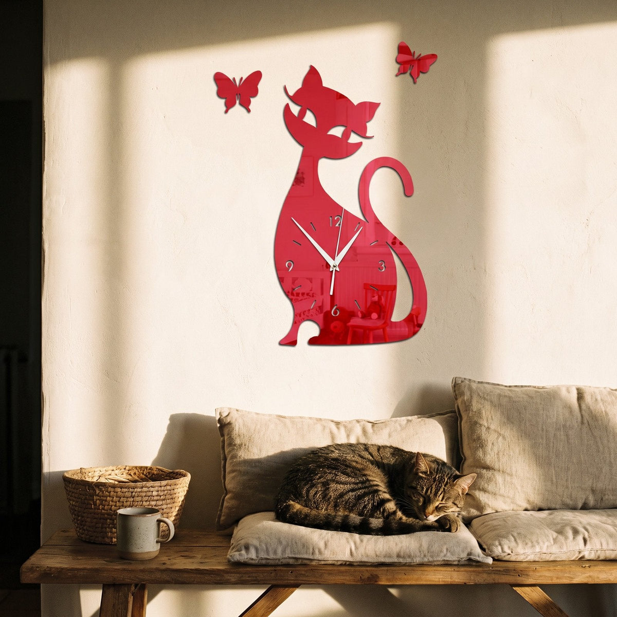 Playful Cat Silhouette Vinyl Wall Clock for UK interiors