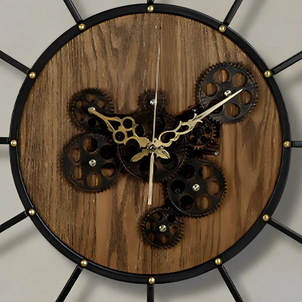 Natural Wood Cog Industrial Wall Clock – product view 3