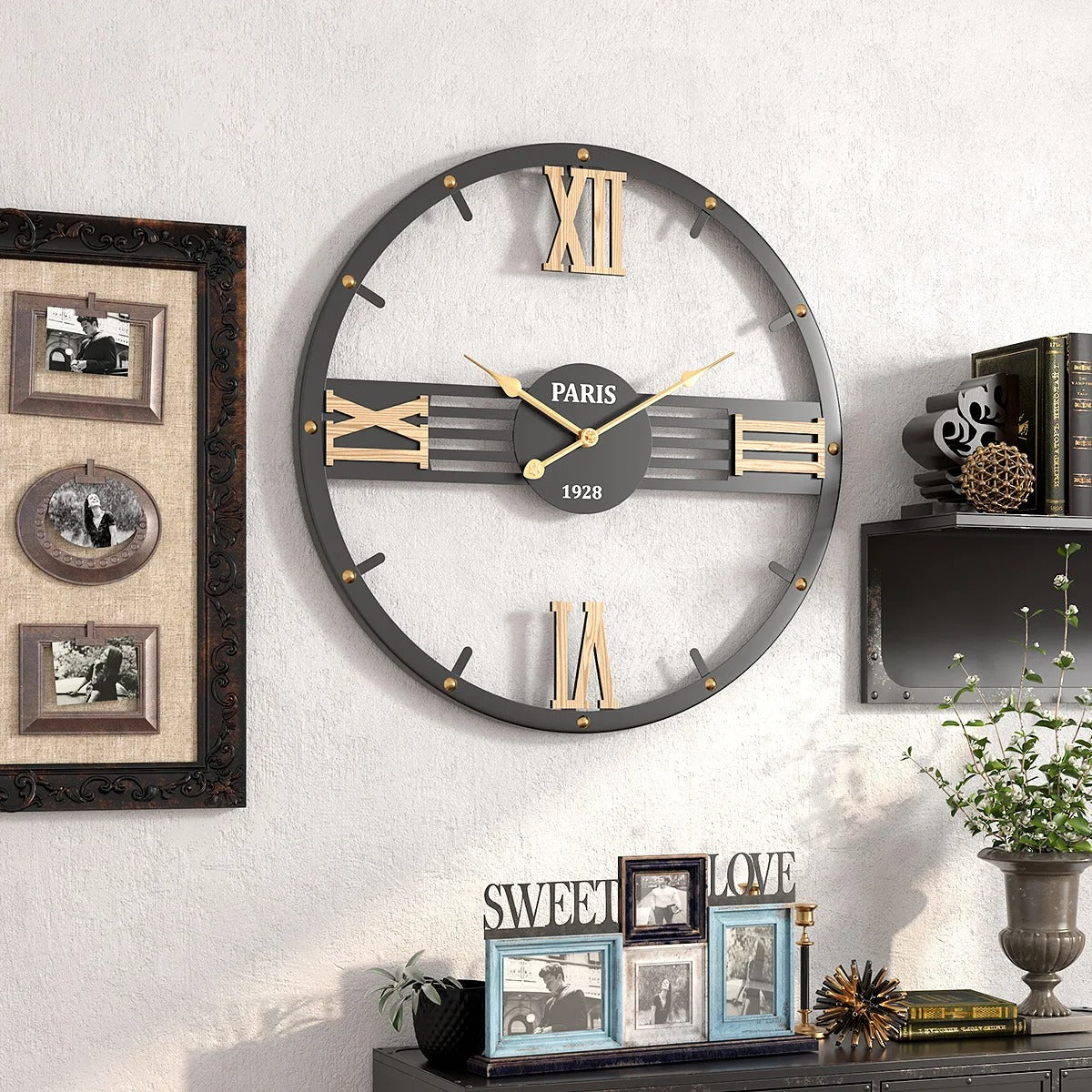 Parisian Roman Numeral Metal Wall Clock – product view 3