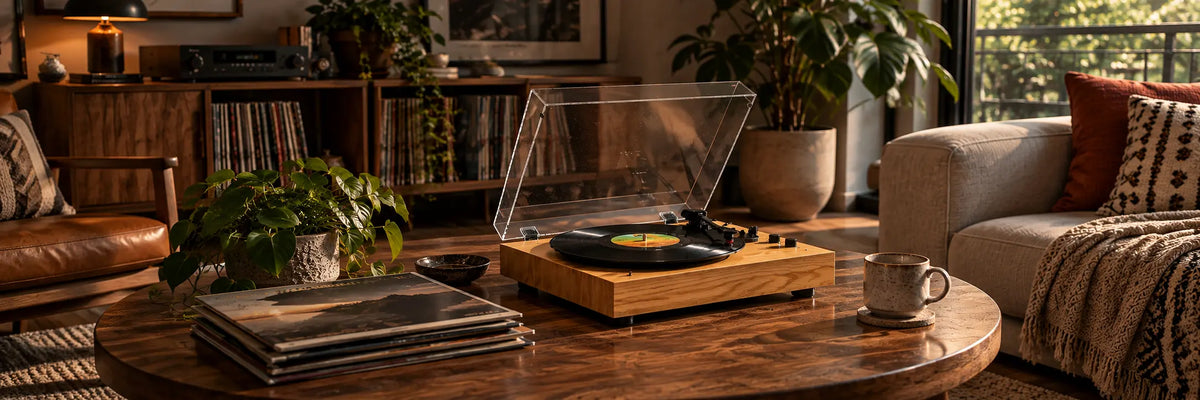 Record player on a coffee table in a living room lined with record shelves