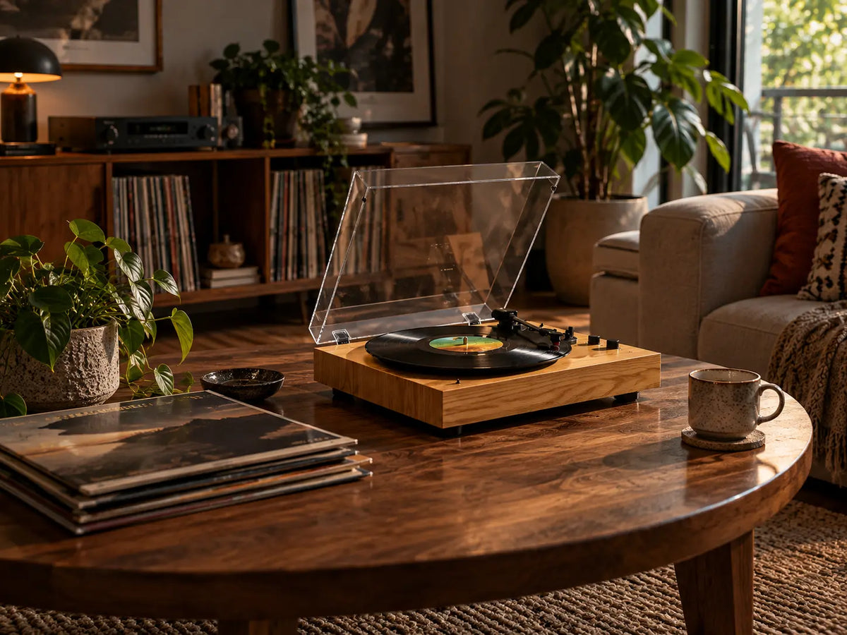 Wooden record player with a clear lid on a coffee table, next to a stack of records