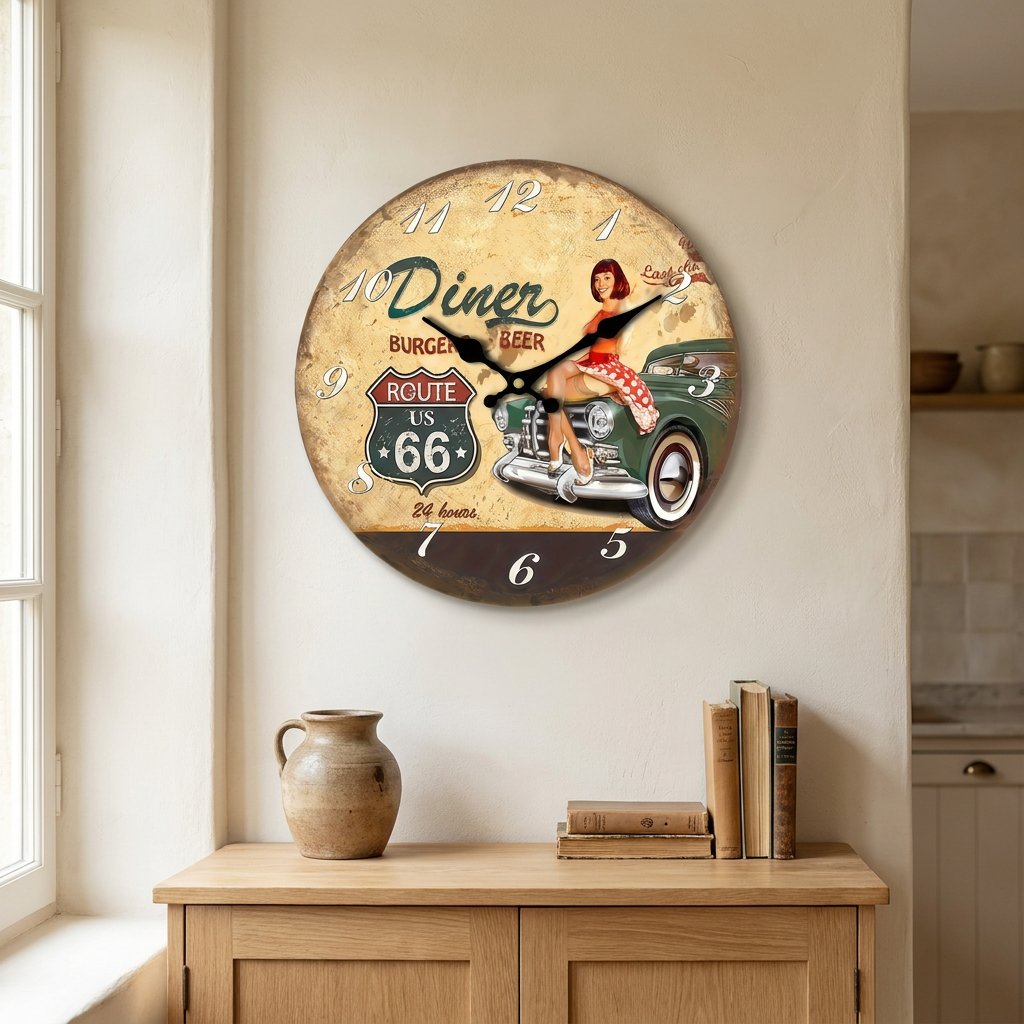Vintage Route 66 Wooden Wall Clock – product image