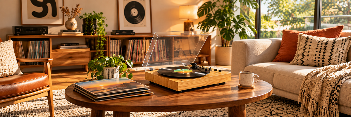 Living room with a record player on the coffee table, a sofa and shelves of records
