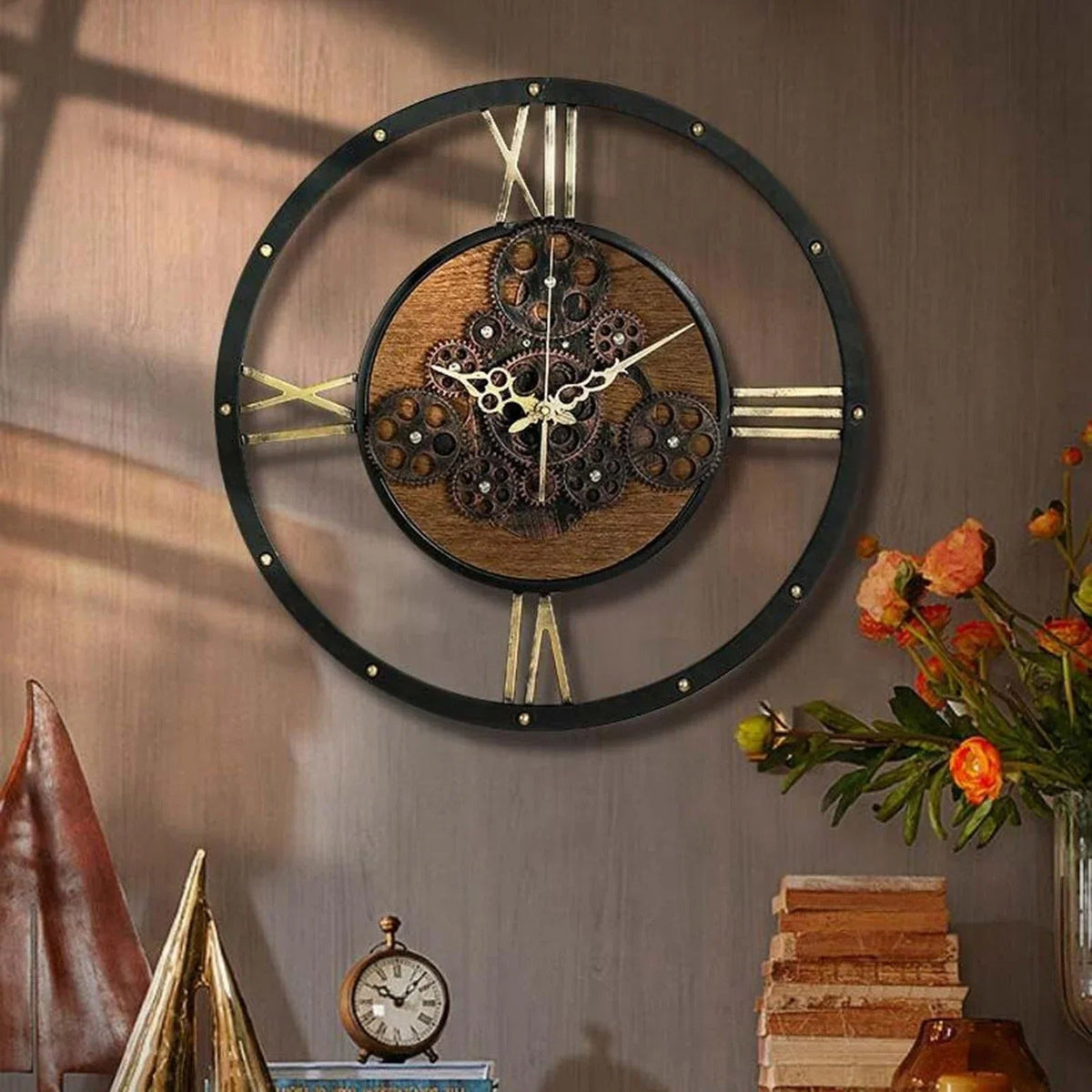 Wood and Metal Cog Industrial Wall Clock – product image